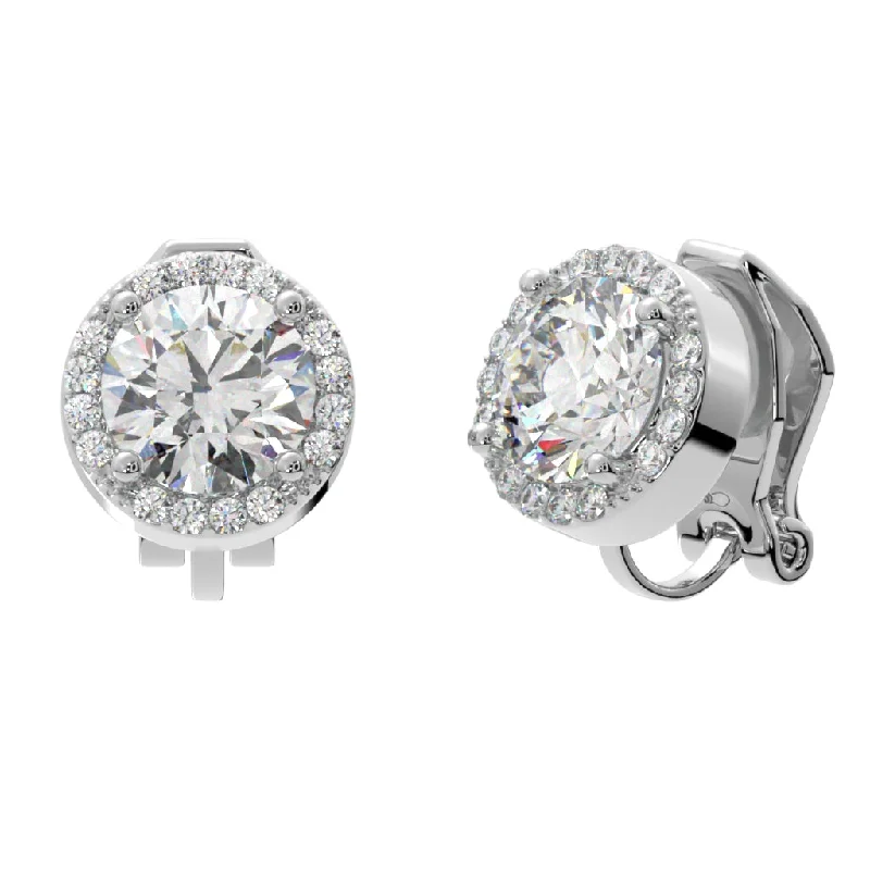 Cubic Zirconia - Encrusted Flower Stud Earrings in Pink for a Girly and Glamorous AccessoryRound Halo Crystal Clip On Stud Earrings