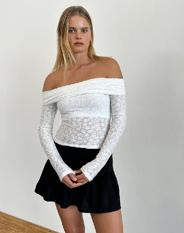 Lace - Trimmed Women Long Sleeve Top for an Elegant LookNesta Bardot Top in Burnout Mesh Ivory Lace - Trimmed Women Long Sleeve Top for an Elegant LookNesta Bardot Top in Burnout Mesh Ivory