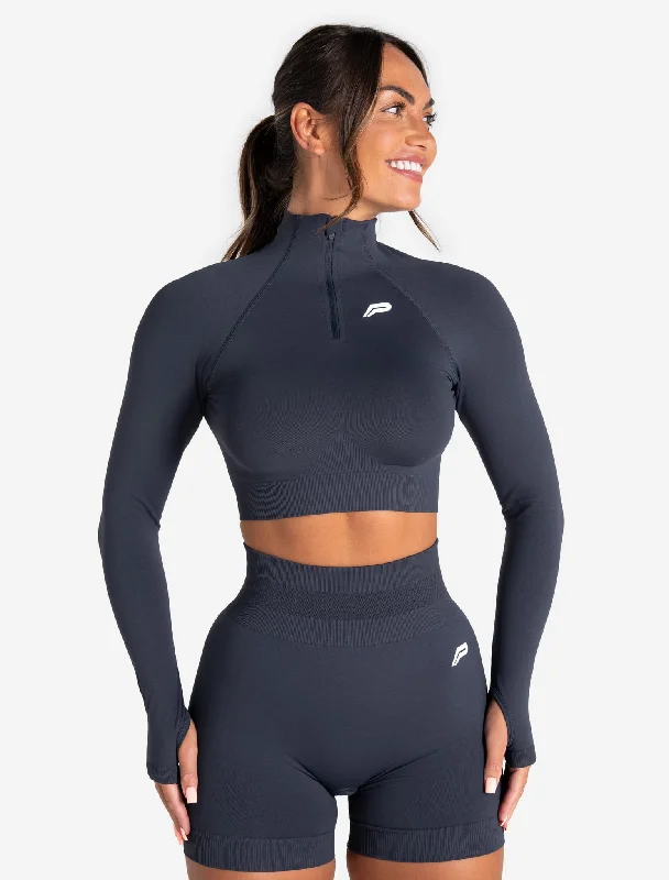 Metallic - Finish Women's Crop Top in Silver for a Futuristic and Eye - Catching LookScrunch Seamless Crop 1/2 Zip - Midnight Blue Metallic - Finish Women's Crop Top in Silver for a Futuristic and Eye - Catching LookScrunch Seamless Crop 1/2 Zip - Midnight Blue