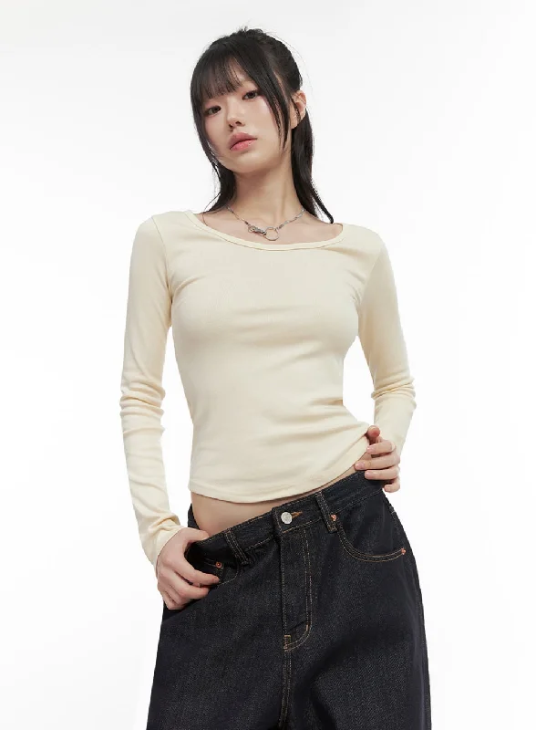 Ruffled Cuff Women Long Sleeve Top with a Feminine TouchSlim-Fit Cropped U-Neck Top IN427 Ruffled Cuff Women Long Sleeve Top with a Feminine TouchSlim-Fit Cropped U-Neck Top IN427