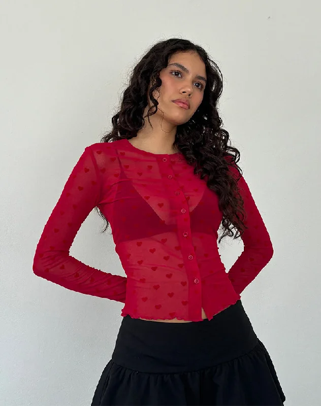 Cropped Women Long Sleeve Top to Pair with High - Waisted BottomsKahula Shirt in Red Heart Flocked Mesh Cropped Women Long Sleeve Top to Pair with High - Waisted BottomsKahula Shirt in Red Heart Flocked Mesh