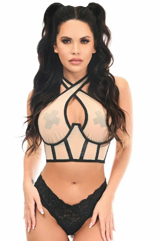 Organic cotton halter top for eco - conscious consumersSexy Nude Mesh Underwire Cincher with Built In Halter Top Organic cotton halter top for eco - conscious consumersSexy Nude Mesh Underwire Cincher with Built In Halter Top