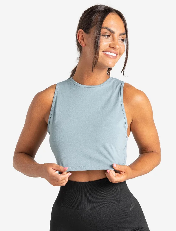 Sustainable Organic Cotton Women's Crop Top in Khaki for an Eco - Friendly ChoiceKnot Back Crop Tank - Moonstone Blue Sustainable Organic Cotton Women's Crop Top in Khaki for an Eco - Friendly ChoiceKnot Back Crop Tank - Moonstone Blue