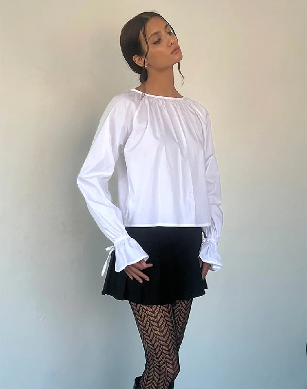 Ruffled Cuff Women Long Sleeve Top with a Feminine TouchBulila Tie Sleeve Blouse in White Poplin Ruffled Cuff Women Long Sleeve Top with a Feminine TouchBulila Tie Sleeve Blouse in White Poplin