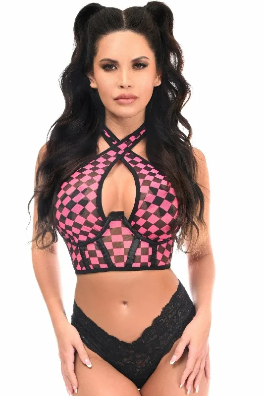 Tall - fit halter top with wide straps for better supportSexy Black with Pink Checker Mesh Underwire Cincher with Built In Halter Top Tall - fit halter top with wide straps for better supportSexy Black with Pink Checker Mesh Underwire Cincher with Built In Halter Top