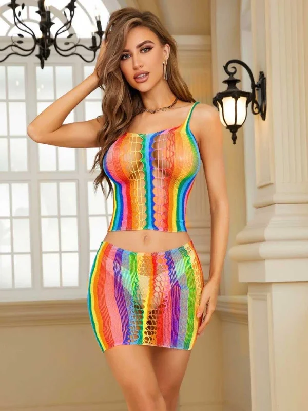 Wrinkle - resistant polyester skirt for travel convenienceRainbow Fishnet Top and Skirt Wrinkle - resistant polyester skirt for travel convenienceRainbow Fishnet Top and Skirt
