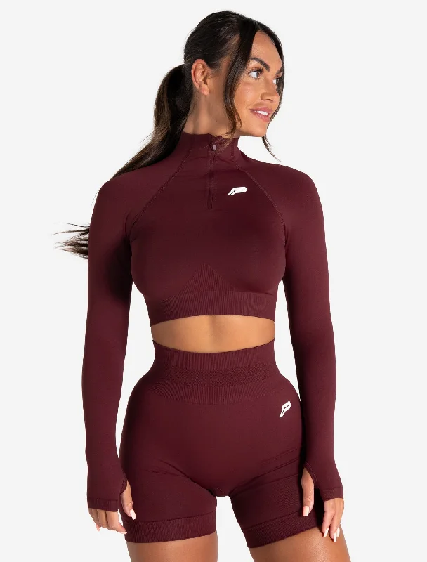 Sheer Mesh Women's Crop Top in White for a Sexy and Alluring Summer LookScrunch Seamless Crop 1/2 Zip - Dark Cherry Sheer Mesh Women's Crop Top in White for a Sexy and Alluring Summer LookScrunch Seamless Crop 1/2 Zip - Dark Cherry