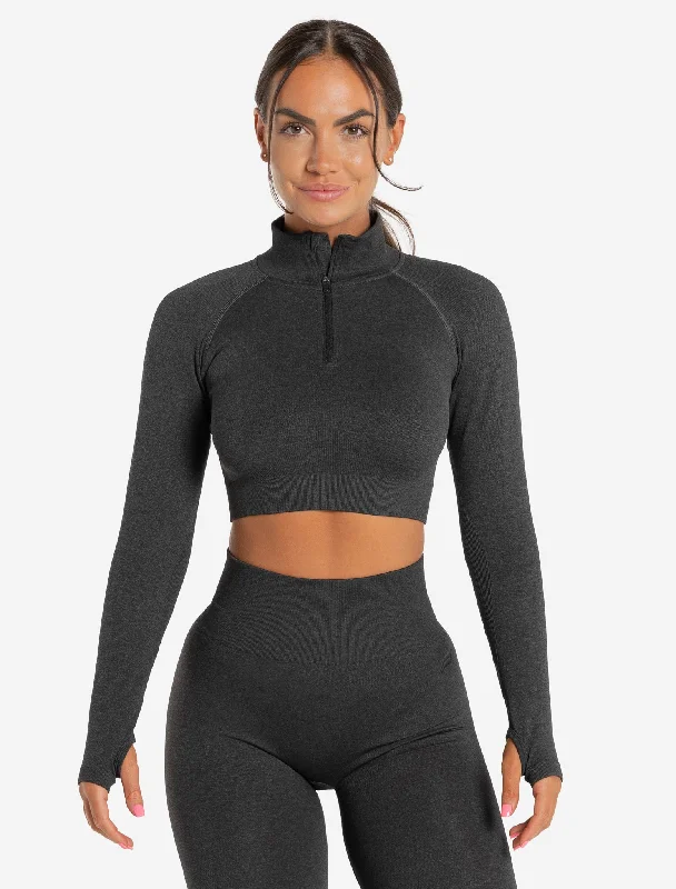 Backless Women's Crop Top in Black for a Sensual and Alluring Evening OutfitCore Seamless Crop 1/2 Zip - Black Marl Backless Women's Crop Top in Black for a Sensual and Alluring Evening OutfitCore Seamless Crop 1/2 Zip - Black Marl