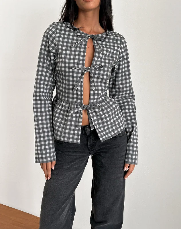 Striped Women Long Sleeve Top in a Timeless PatternBertaria Long Sleeve Top in Tonal Gingham Black and Grey Striped Women Long Sleeve Top in a Timeless PatternBertaria Long Sleeve Top in Tonal Gingham Black and Grey