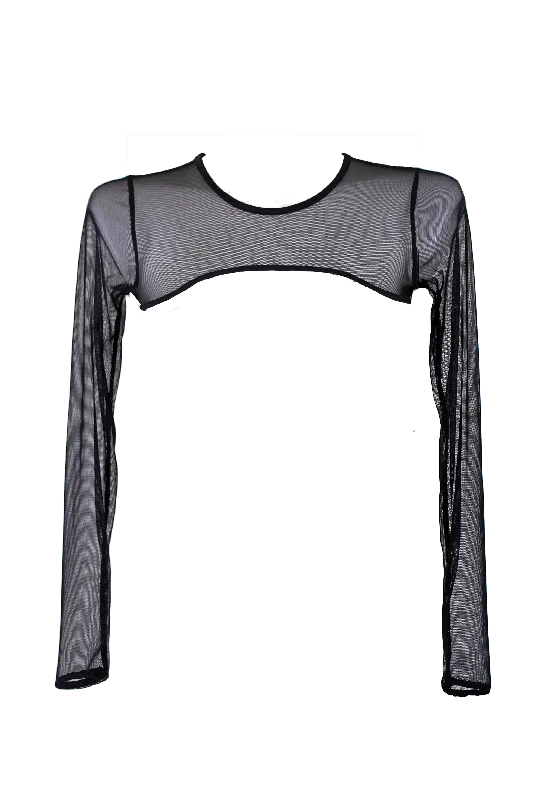 Crochet - Knit Women's Crop Top in Cream for a Bohemian and Artisanal LookSuper Crop Top Long Sleeve Sheer Mesh Black / SUPER CROP Black Crochet - Knit Women's Crop Top in Cream for a Bohemian and Artisanal LookSuper Crop Top Long Sleeve Sheer Mesh Black / SUPER CROP Black