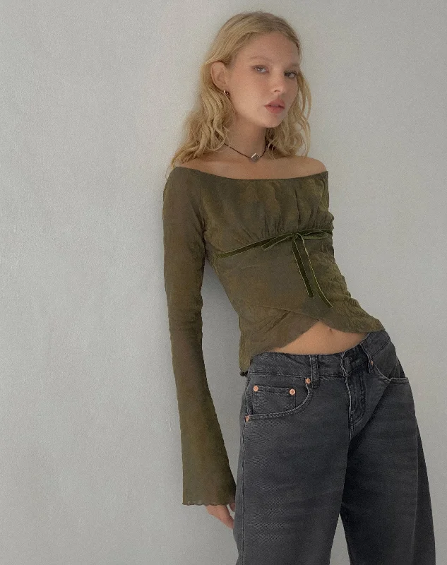 Plaid Women Long Sleeve Top for a Preppy VibeKareena Long Sleeve Bardot Top in Abstract Botanic Dark Olive Plaid Women Long Sleeve Top for a Preppy VibeKareena Long Sleeve Bardot Top in Abstract Botanic Dark Olive