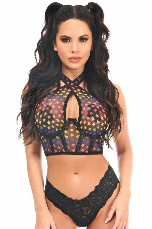 Plus - size halter top with adjustable back for added comfortSexy Rainbow Stars Mesh Underwire Cincher with Built In Halter Top Plus - size halter top with adjustable back for added comfortSexy Rainbow Stars Mesh Underwire Cincher with Built In Halter Top