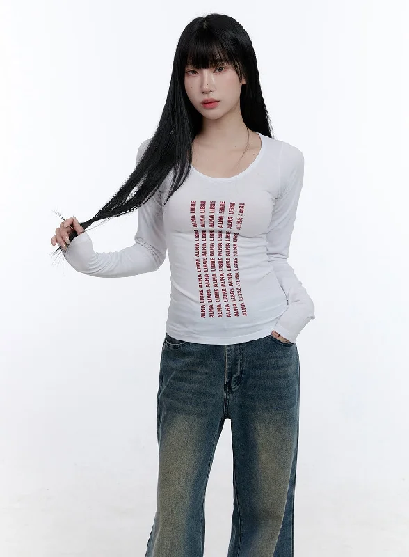 Lightweight Women Long Sleeve Top for Spring and AutumnGraphic Lettering Slim-Fit Long Sleeve Top CD419 Lightweight Women Long Sleeve Top for Spring and AutumnGraphic Lettering Slim-Fit Long Sleeve Top CD419