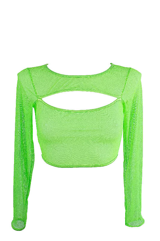 Crochet - Knit Women's Crop Top in Cream for a Bohemian and Artisanal LookCrop Top Slit front Long sleeve Mesh T-Shirt / LIME MESH NAUTICA Crochet - Knit Women's Crop Top in Cream for a Bohemian and Artisanal LookCrop Top Slit front Long sleeve Mesh T-Shirt / LIME MESH NAUTICA