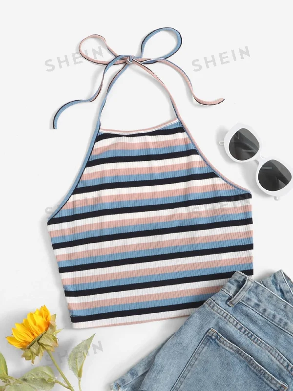 Plus - size halter top with adjustable back for added comfortEZwear Solid Rib-knit Halter Top Plus - size halter top with adjustable back for added comfortEZwear Solid Rib-knit Halter Top