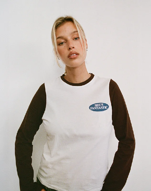 Ribbed Women Long Sleeve Top with a Textured AppealSari Top in White and Chocolate Brown with She's Fantastic Motif Ribbed Women Long Sleeve Top with a Textured AppealSari Top in White and Chocolate Brown with She's Fantastic Motif