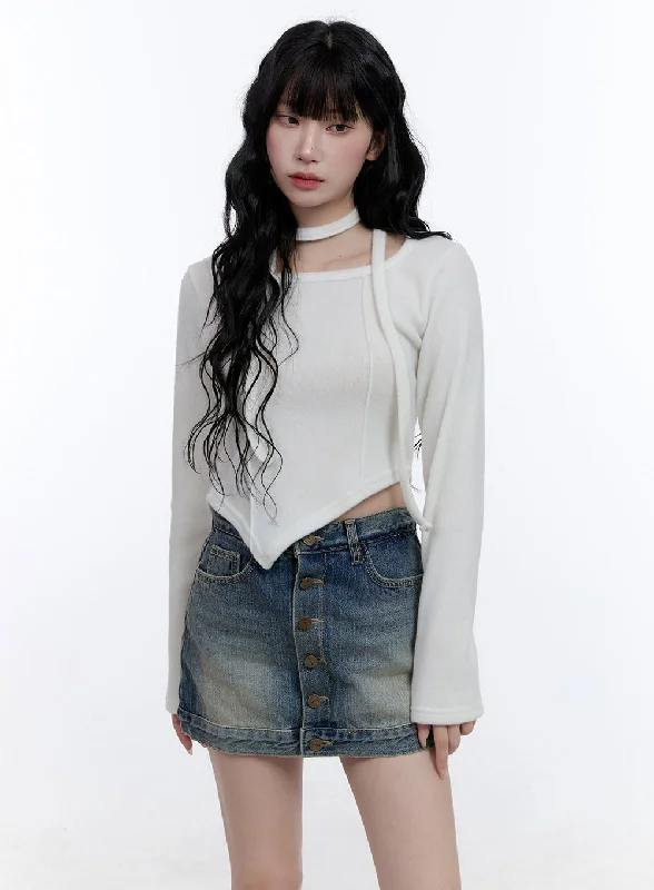 Organic Cotton Women Long Sleeve Top for Eco - Friendly ComfortAsymmetric Scarf Detail Crop Top CD419 Organic Cotton Women Long Sleeve Top for Eco - Friendly ComfortAsymmetric Scarf Detail Crop Top CD419