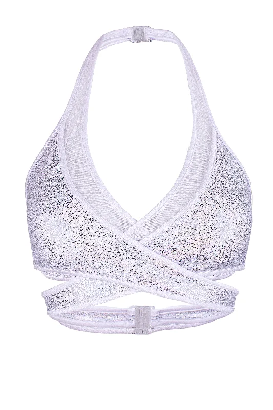 Sports - Style Women's Crop Top in Gray with Moisture - Wicking Fabric for WorkoutsCross-Over Halter Holgraphic Crop top / X-CROSS TOP / HOLO WHITE Sports - Style Women's Crop Top in Gray with Moisture - Wicking Fabric for WorkoutsCross-Over Halter Holgraphic Crop top / X-CROSS TOP / HOLO WHITE