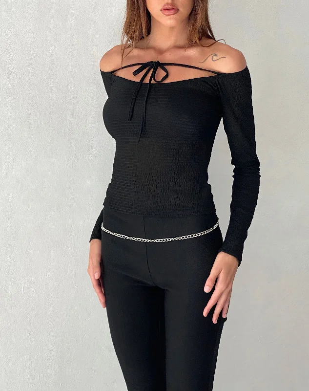 Striped Women Long Sleeve Top in a Timeless PatternAlondra Long Sleeve Tie Front Top in Textured Black Striped Women Long Sleeve Top in a Timeless PatternAlondra Long Sleeve Tie Front Top in Textured Black