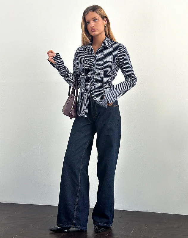 Wrap - Style Women Long Sleeve Top for a Versatile FitTarsi Fitted Shirt in Mono Stripe Navy Wrap - Style Women Long Sleeve Top for a Versatile FitTarsi Fitted Shirt in Mono Stripe Navy