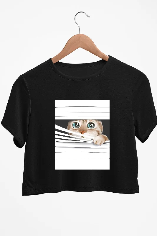Sports - Style Women's Crop Top in Gray with Moisture - Wicking Fabric for WorkoutsPeeping Cat Graphic Printed Black Crop Top Sports - Style Women's Crop Top in Gray with Moisture - Wicking Fabric for WorkoutsPeeping Cat Graphic Printed Black Crop Top