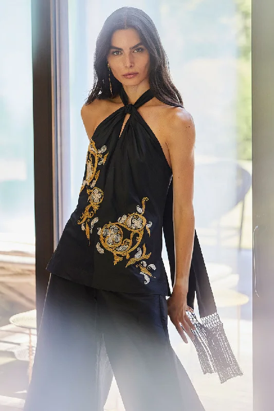 Women's floral print chiffon halter top for summer partiesSilk Dupioni Embroidered Halter Top Women's floral print chiffon halter top for summer partiesSilk Dupioni Embroidered Halter Top