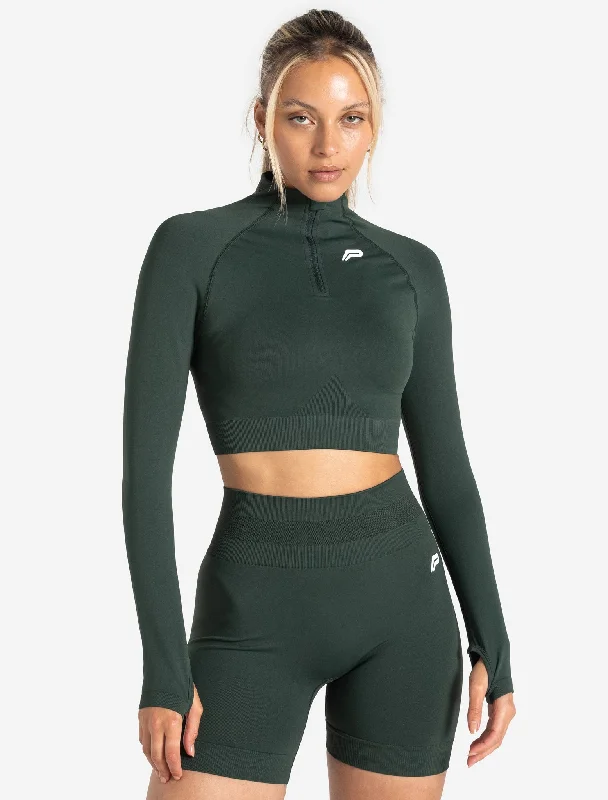Puff - Sleeve Women's Crop Top in Pastel Green for a Retro and Fashion - Forward OutfitScrunch Seamless Crop 1/2 Zip - Forest Green Puff - Sleeve Women's Crop Top in Pastel Green for a Retro and Fashion - Forward OutfitScrunch Seamless Crop 1/2 Zip - Forest Green