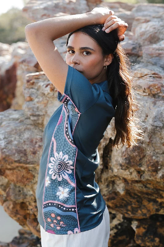 Sustainable polo shirt made from recycled materialsBush Tucker Gathering UPF50+ Bamboo Women's Fitted Polo Shirt Sustainable polo shirt made from recycled materialsBush Tucker Gathering UPF50+ Bamboo Women's Fitted Polo Shirt