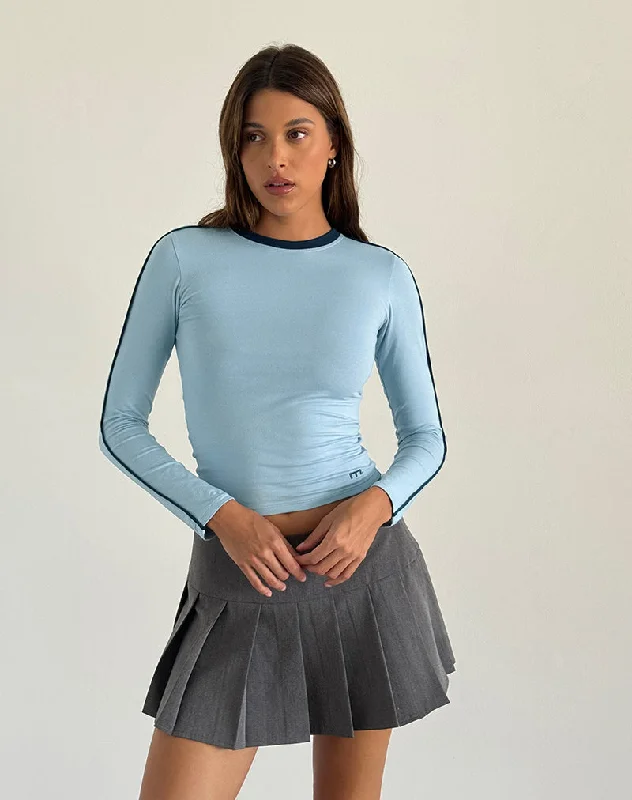 Printed Graphic Women Long Sleeve Top with a Bold StatementBonija Long Sleeve Top in Nantucket Blue with Navy Piping and M Embroidery Printed Graphic Women Long Sleeve Top with a Bold StatementBonija Long Sleeve Top in Nantucket Blue with Navy Piping and M Embroidery