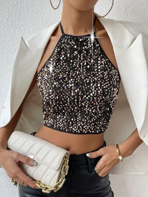 Formal halter top with a sleek silhouette for special occasionsAllurite Open Back Crop Sequins Halter Top, Going Out Top Formal halter top with a sleek silhouette for special occasionsAllurite Open Back Crop Sequins Halter Top, Going Out Top