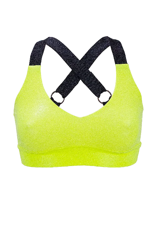 Camouflage - Print Women's Crop Top in Olive for a Trendy and Edgy StyleSport Bra Holographic Crop Top / TOP KATE / NEON YELLOW Camouflage - Print Women's Crop Top in Olive for a Trendy and Edgy StyleSport Bra Holographic Crop Top / TOP KATE / NEON YELLOW