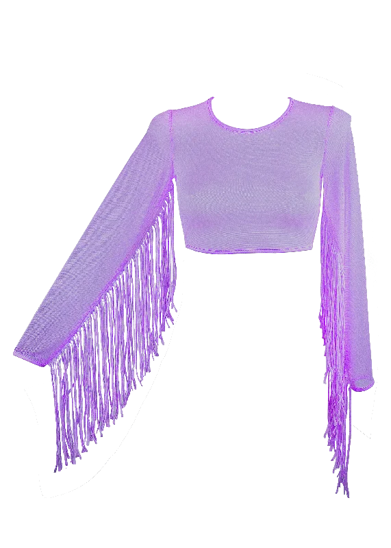 Plus - Size Women's Ruffled Crop Top in Pink for a Feminine and Flirty AppearanceCrop Top Fringe Long Sleeve Mesh T-Shirt / Lilac Rave Top Plus - Size Women's Ruffled Crop Top in Pink for a Feminine and Flirty AppearanceCrop Top Fringe Long Sleeve Mesh T-Shirt / Lilac Rave Top