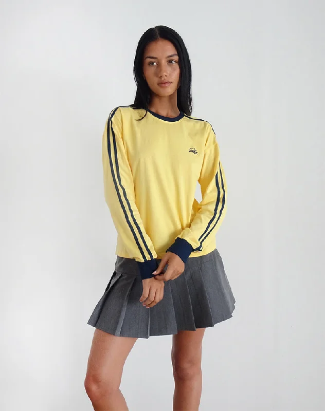 Cable - Knit Women Long Sleeve Top with a Cozy TexturePrata Long Sleeve Top in Lemonade with Navy Binding Cable - Knit Women Long Sleeve Top with a Cozy TexturePrata Long Sleeve Top in Lemonade with Navy Binding