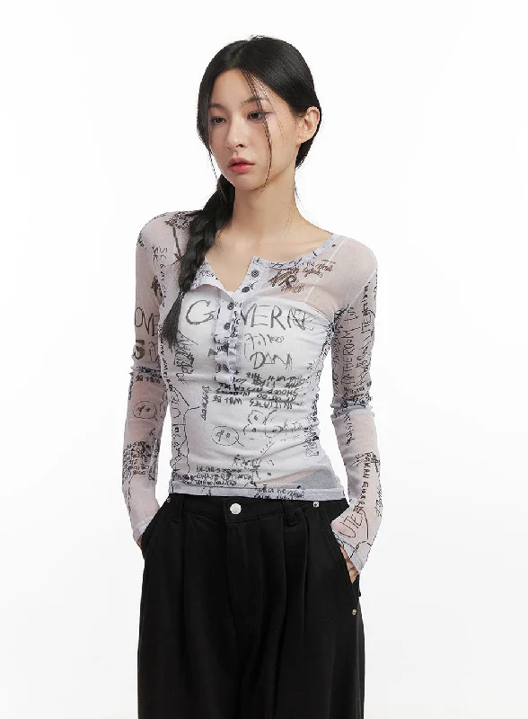 Cropped Women Long Sleeve Top to Pair with High - Waisted BottomsGraphic Sheer Slim-Fit Top CN426 Cropped Women Long Sleeve Top to Pair with High - Waisted BottomsGraphic Sheer Slim-Fit Top CN426