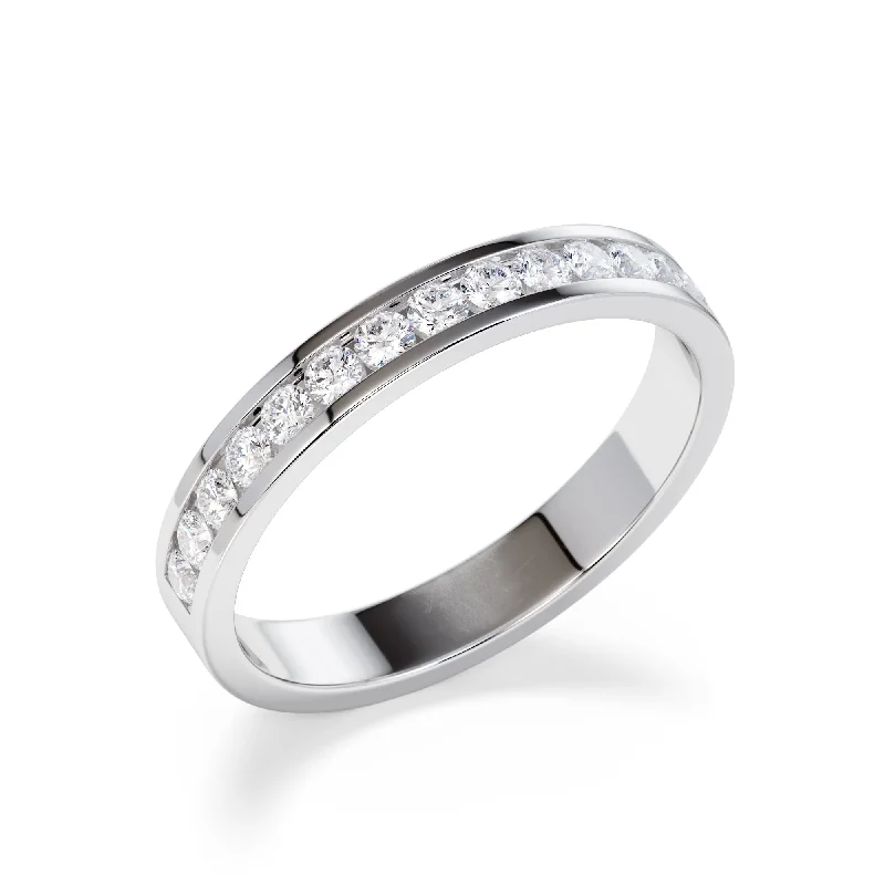 Three - stone diamond engagement ring in rose gold, symbolizing past, present, and future3mm Channel Set Round Diamond Eternity Ring