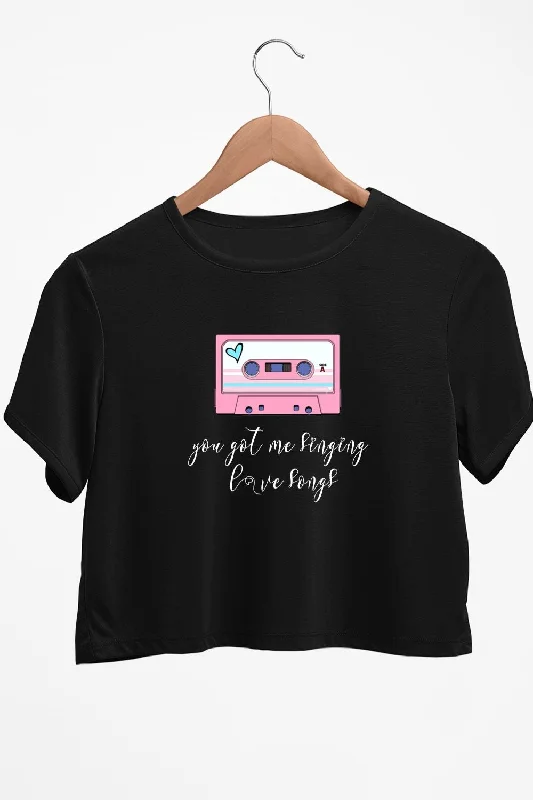 Sports - Style Women's Crop Top in Gray with Moisture - Wicking Fabric for WorkoutsLove Songs Graphic Printed Black Crop Top Sports - Style Women's Crop Top in Gray with Moisture - Wicking Fabric for WorkoutsLove Songs Graphic Printed Black Crop Top