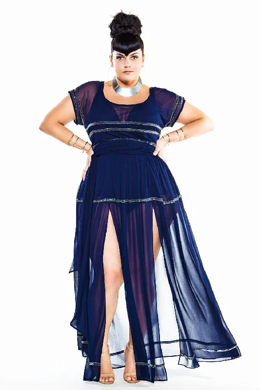 Long - length cotton cover ups for sun protection at the poolNavy & Silver Cap Sleeved Sheer Poolside Maxi Dress- JIBRI Long - length cotton cover ups for sun protection at the poolNavy & Silver Cap Sleeved Sheer Poolside Maxi Dress- JIBRI