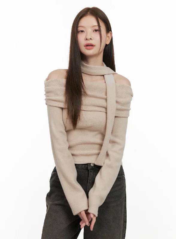 Puffer - Sleeve Women Long Sleeve Top for a Fashion - Forward LookScarf Detail Off-Shoulder Sweater OD412 Puffer - Sleeve Women Long Sleeve Top for a Fashion - Forward LookScarf Detail Off-Shoulder Sweater OD412