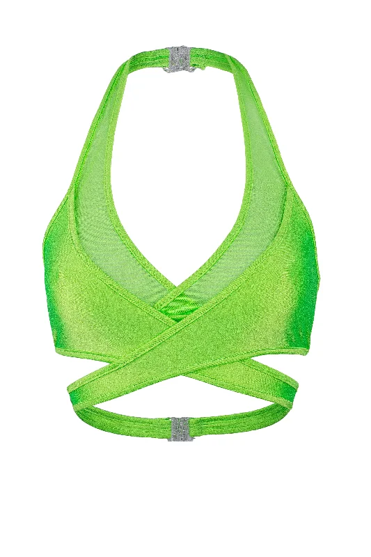 Metallic - Finish Women's Crop Top in Silver for a Futuristic and Eye - Catching LookCross-Over Halter Crop top / X-CROSS TOP / NEON LIME Metallic - Finish Women's Crop Top in Silver for a Futuristic and Eye - Catching LookCross-Over Halter Crop top / X-CROSS TOP / NEON LIME