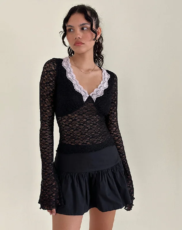 Organic Cotton Women Long Sleeve Top for Eco - Friendly ComfortChantal Lace Top in Black with Pink Trim Organic Cotton Women Long Sleeve Top for Eco - Friendly ComfortChantal Lace Top in Black with Pink Trim