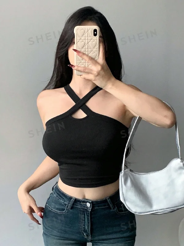 Beach - ready halter top with quick - drying fabricWomen's Solid Color Crisscross Halter Top Beach - ready halter top with quick - drying fabricWomen's Solid Color Crisscross Halter Top