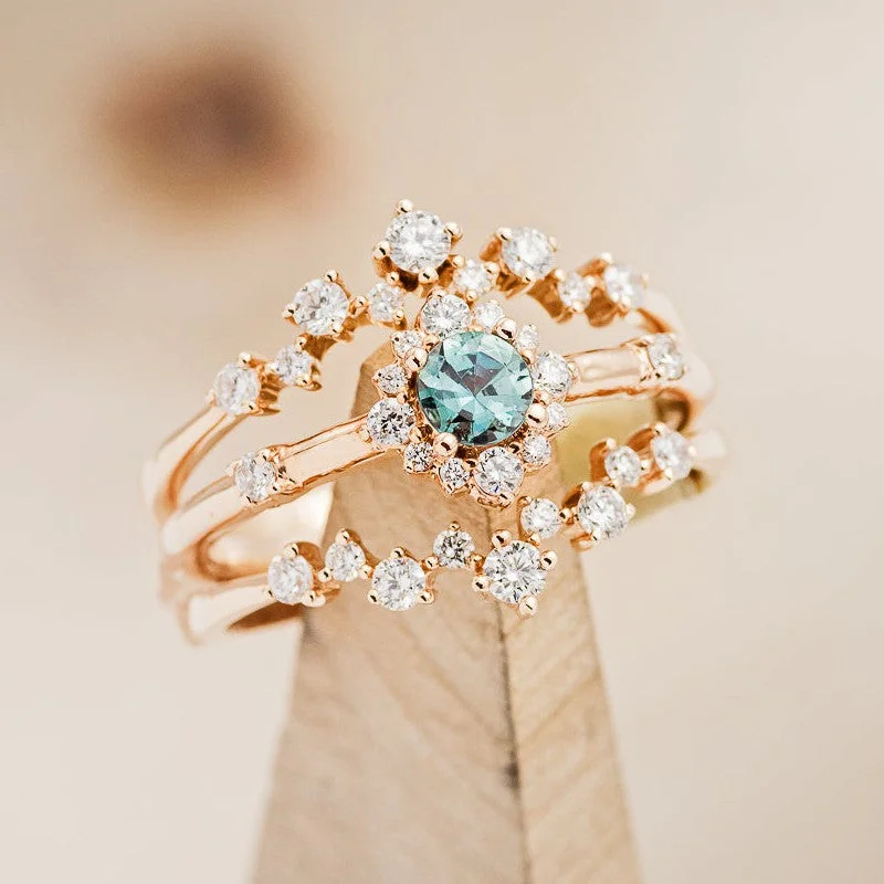 Men's Agate Engagement Rings in Sterling Silver with a Mosaic - Style Inlay"STARLA" - BRIDAL SUITE - ROUND CUT DENIM MONTANA SAPPHIRE ENGAGEMENT RING WITH DIAMOND ACCENTS & "LEA" TRACERS