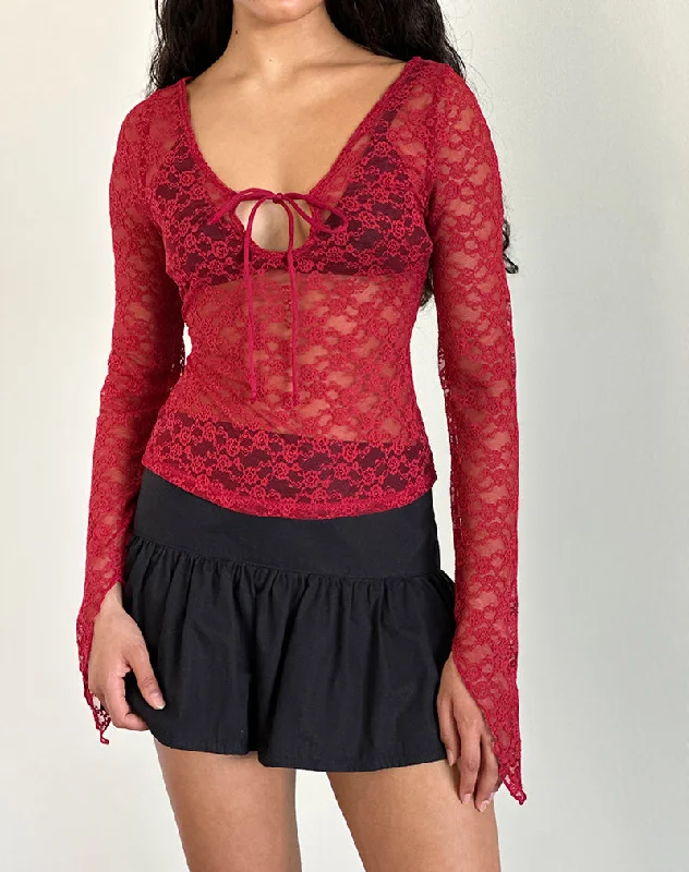 Plus Size Women Long Sleeve Top for a Flattering and Comfortable FitNatasha Tie Front Top in Mari Lace Red Plus Size Women Long Sleeve Top for a Flattering and Comfortable FitNatasha Tie Front Top in Mari Lace Red