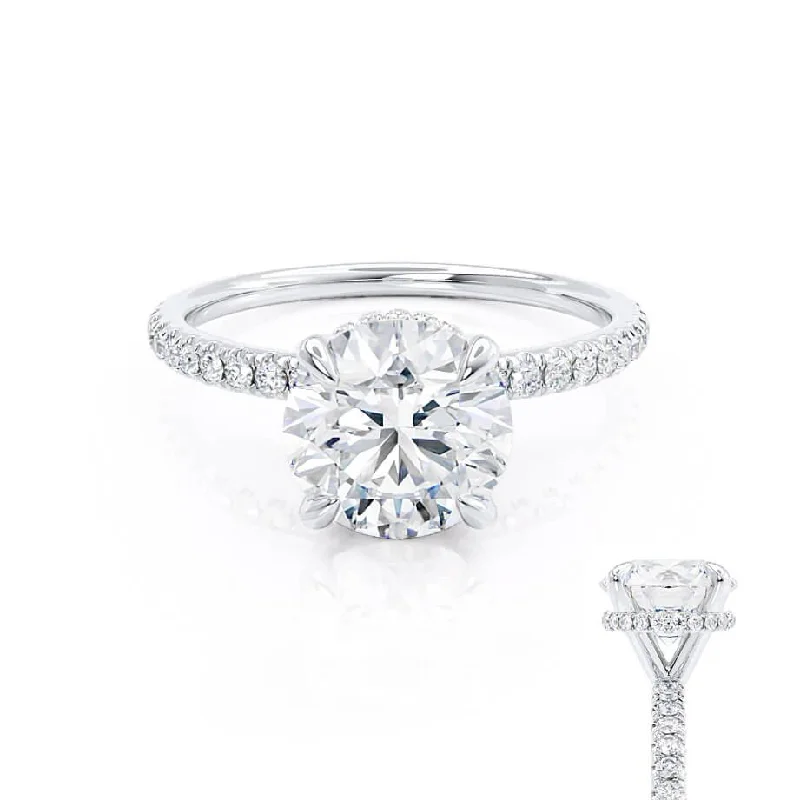 Ruby and diamond engagement ring with a halo of diamonds in 14K red goldLIVELY - Round Lab Diamond 18k White Gold Petite Hidden Halo Pavé Shoulder Set Ring