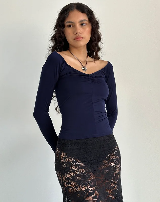 Mock Neck Women Long Sleeve Top for a Modern AestheticKaisley Ruched Front Long Sleeve Top in Navy Mock Neck Women Long Sleeve Top for a Modern AestheticKaisley Ruched Front Long Sleeve Top in Navy