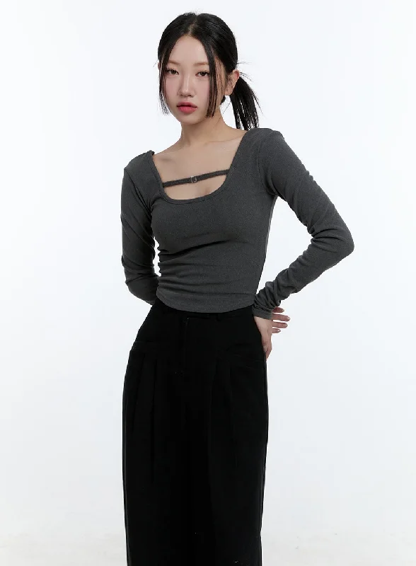 Pocket - Equipped Women Long Sleeve Top for Added FunctionalityU Neck Solid Crop Tee CD420 Pocket - Equipped Women Long Sleeve Top for Added FunctionalityU Neck Solid Crop Tee CD420