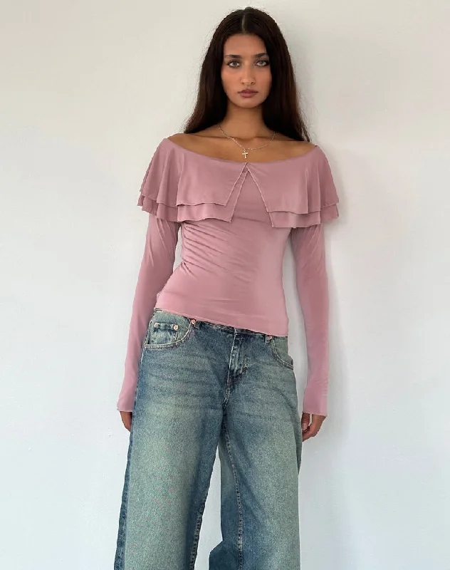 Cable - Knit Women Long Sleeve Top with a Cozy TextureAnnia Ruffle Bardot Soft Touch Top in Pink Cable - Knit Women Long Sleeve Top with a Cozy TextureAnnia Ruffle Bardot Soft Touch Top in Pink