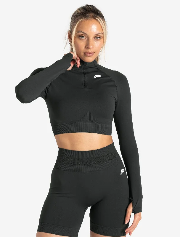 Camouflage - Print Women's Crop Top in Olive for a Trendy and Edgy StyleScrunch Seamless Crop 1/2 Zip - Woodland Grey Camouflage - Print Women's Crop Top in Olive for a Trendy and Edgy StyleScrunch Seamless Crop 1/2 Zip - Woodland Grey