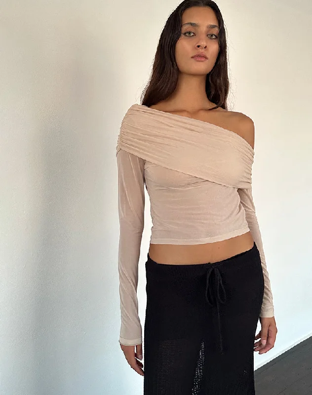 Lace - Trimmed Women Long Sleeve Top for an Elegant LookChidi Sheer Mesh Bardot Top in Camel Lace - Trimmed Women Long Sleeve Top for an Elegant LookChidi Sheer Mesh Bardot Top in Camel