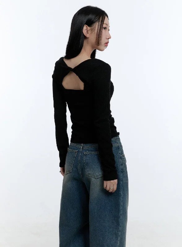 Lightweight Women Long Sleeve Top for Spring and AutumnTwist Back Cut-Out Crop Top CD424 Lightweight Women Long Sleeve Top for Spring and AutumnTwist Back Cut-Out Crop Top CD424